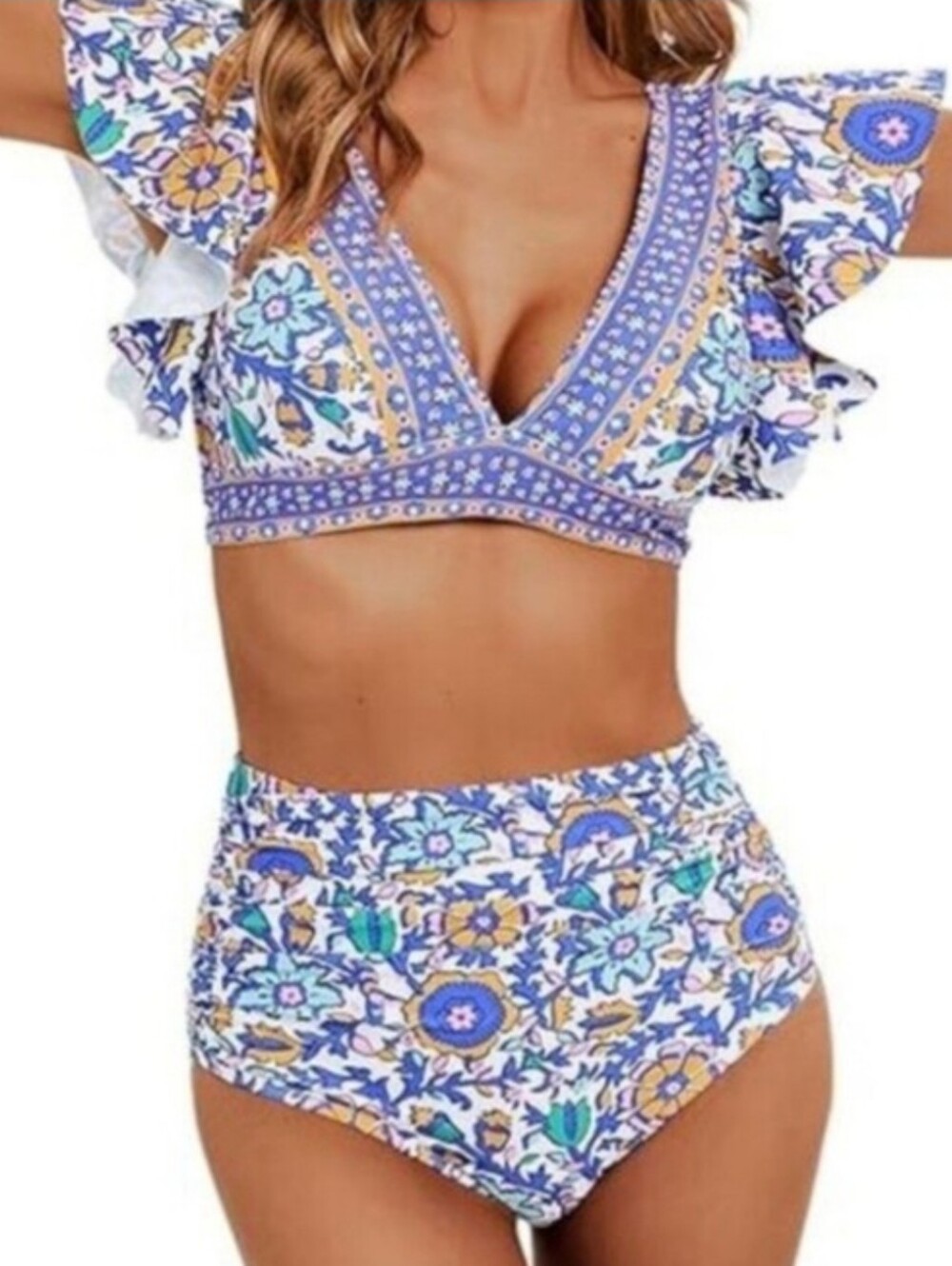 Floral High-Waist Bikini Set - Blue & White NWOT Size Small